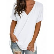 Liher Women V Neck T-Shirt Loose Fit Summer Tops Roll Short Sleeve Shirts Casual Tunic Tops White S